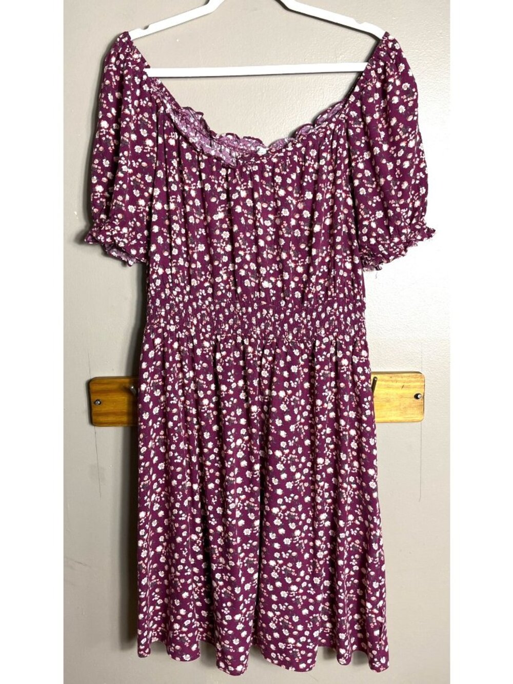 Burgundy Ditsy Floral Dress Boho Peasant Midi Milkmaid Casual Smocked Wom 1X - Picture 4 of 10